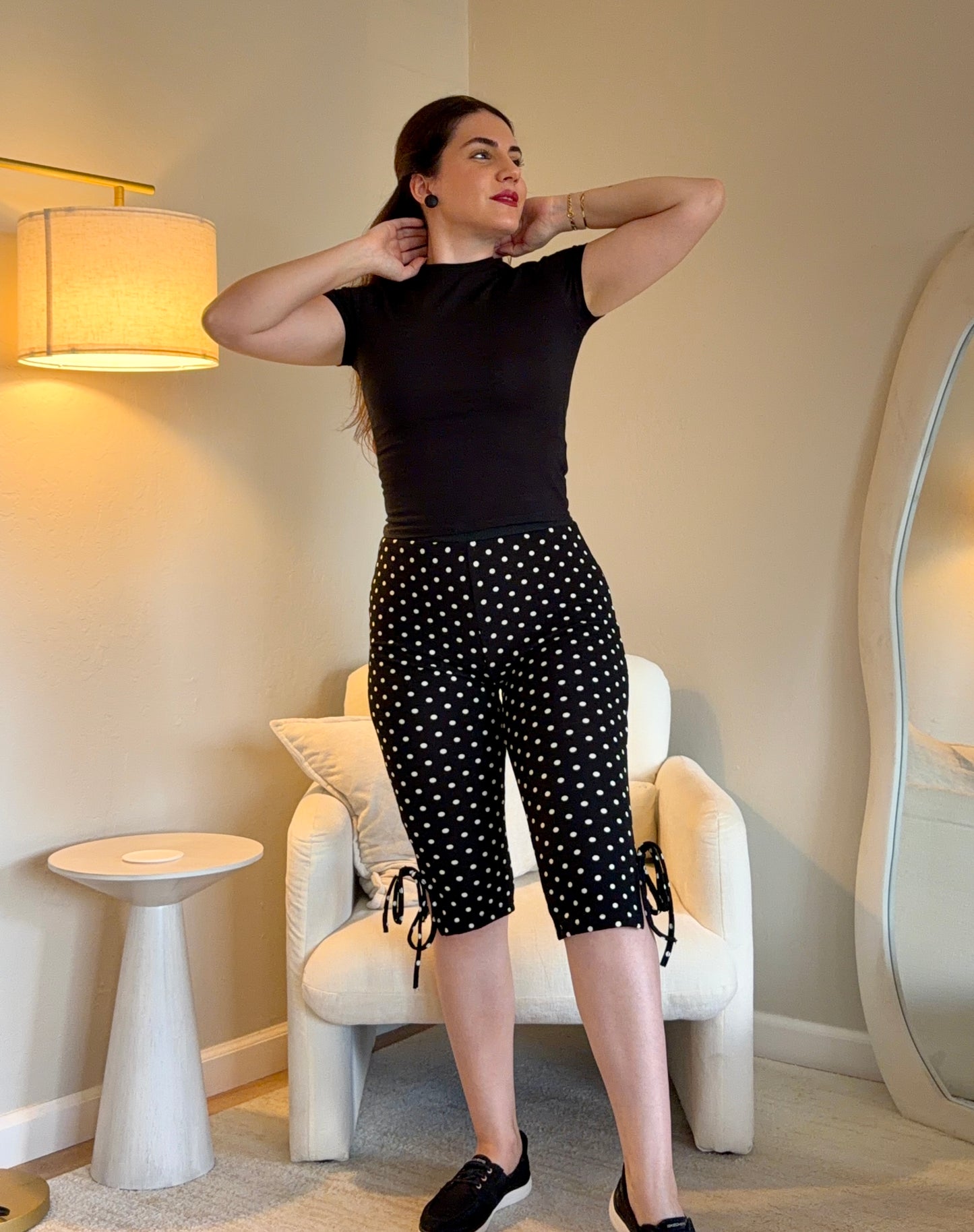 Polka Dot Black Cropped Pants with Bow Hair Clip