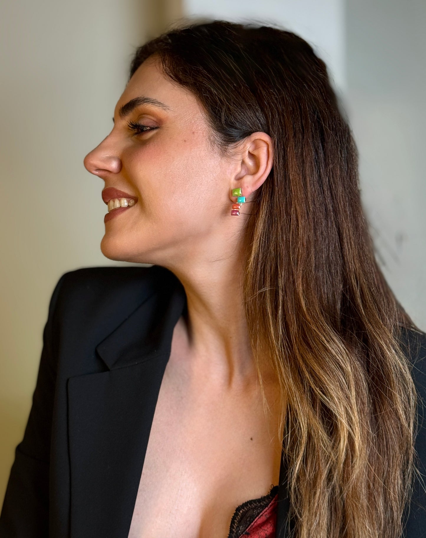 925 Sterling Silver Color Block Drop Earrings – Enamel Inlay