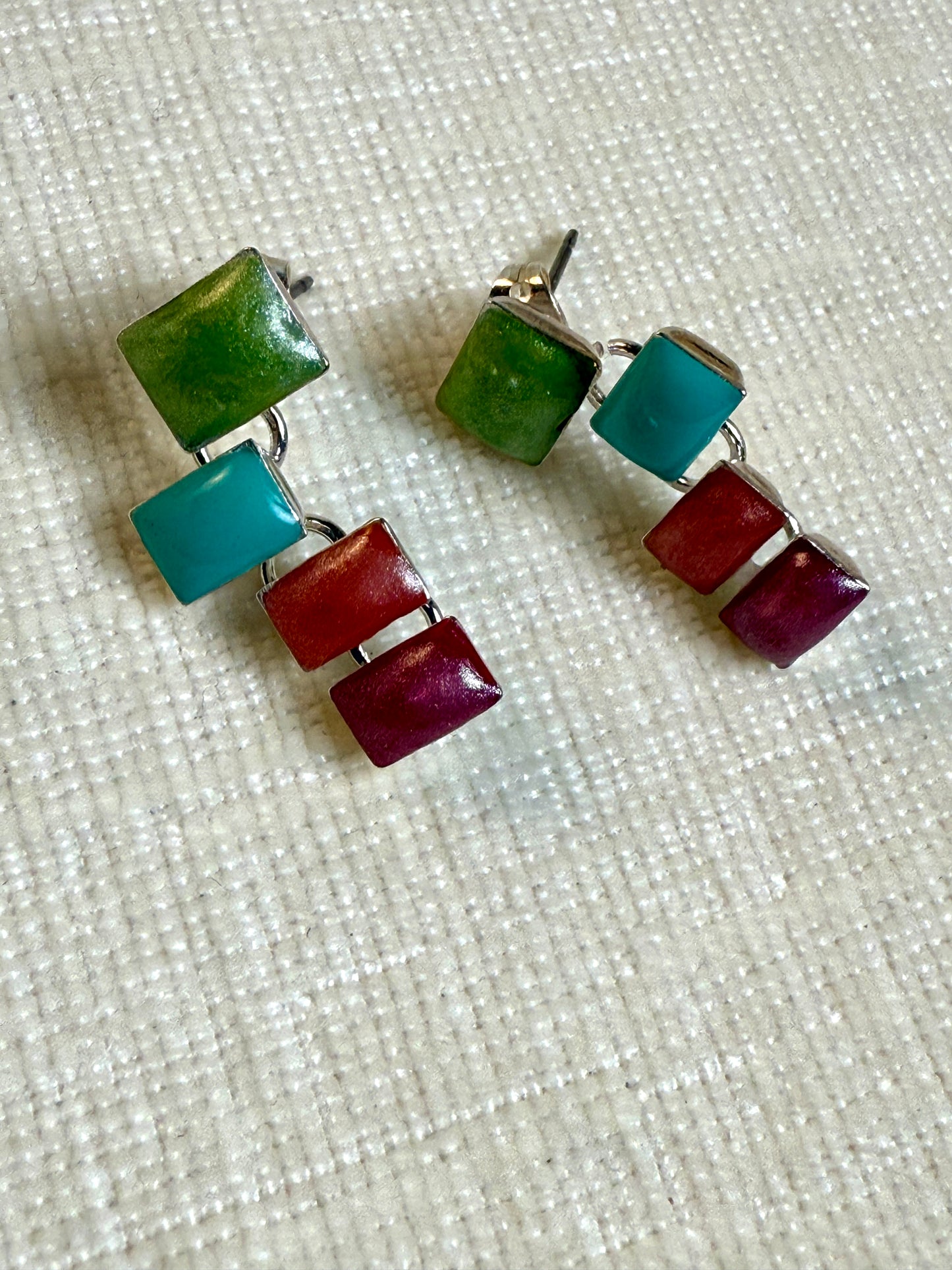 925 Sterling Silver Color Block Drop Earrings – Enamel Inlay