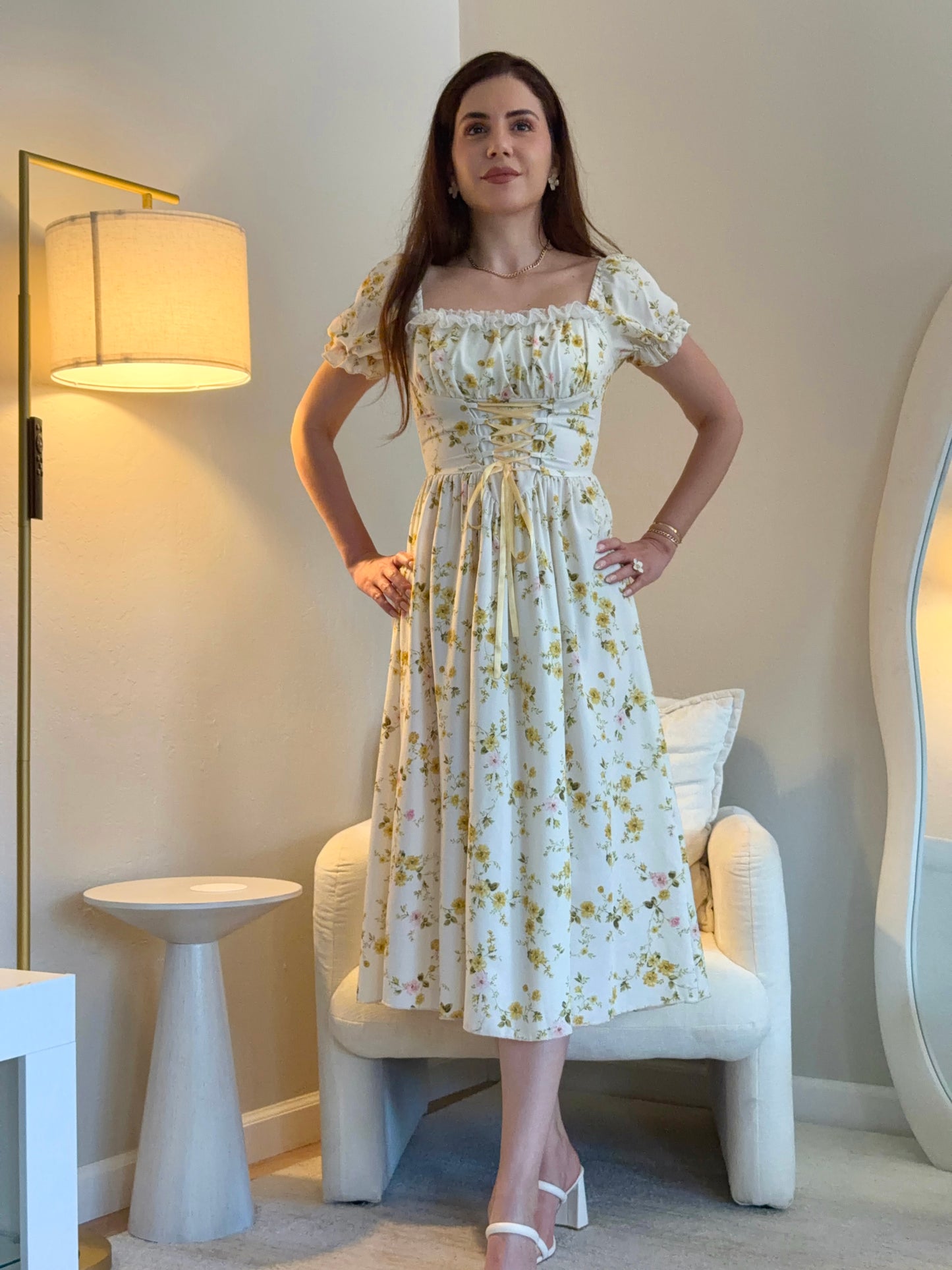 Floral Smocked Midi Dress in Cream with Yellow Bouquet