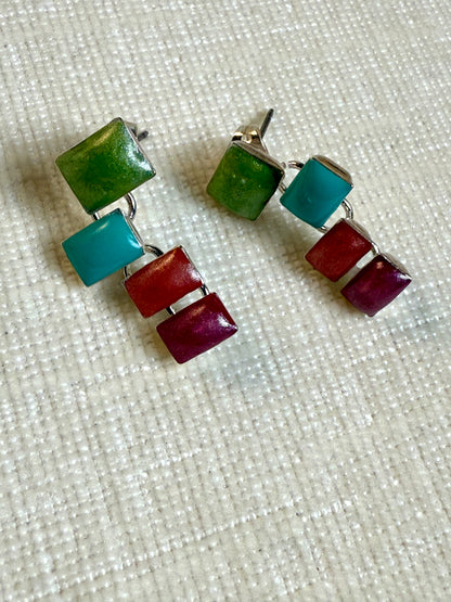 925 Sterling Silver Color Block Drop Earrings – Enamel Inlay