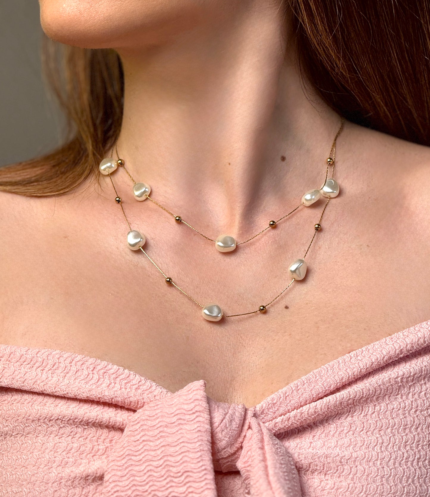 Stainless steel pearls double layer necklace