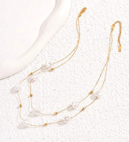 Stainless steel pearls double layer necklace