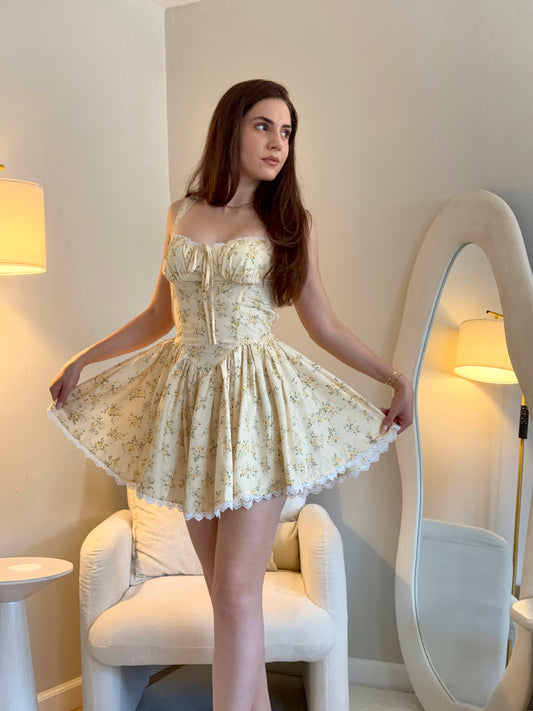 Floral Lace-Trim Mini Dress in Pale Yellow