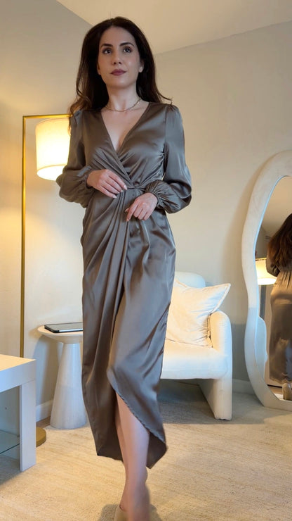 Satin Wrap Long-Sleeve Dress in Taupe