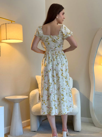 Floral Smocked Midi Dress in Cream with Yellow Bouquet