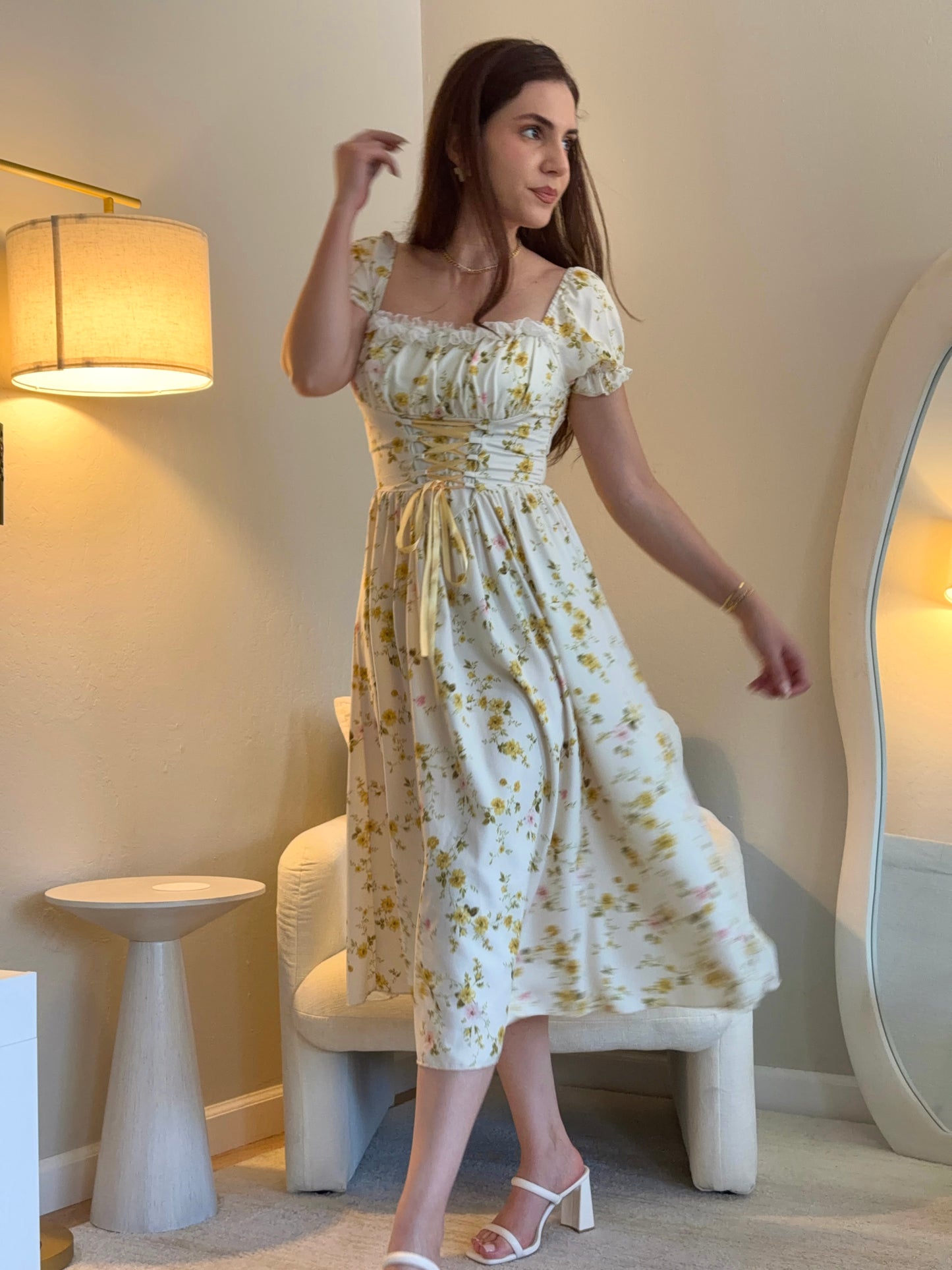 Floral Smocked Midi Dress in Cream with Yellow Bouquet