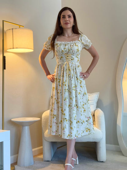 Floral Smocked Midi Dress in Cream with Yellow Bouquet