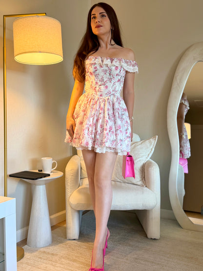 Off Shoulder Pink Floral Mini Dress